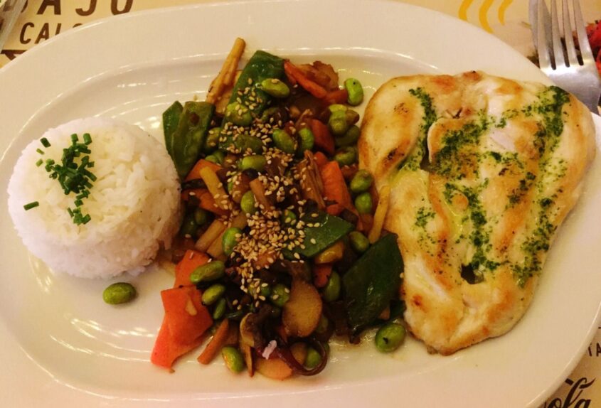 Grilled Chicken breasts and rice with vegetables